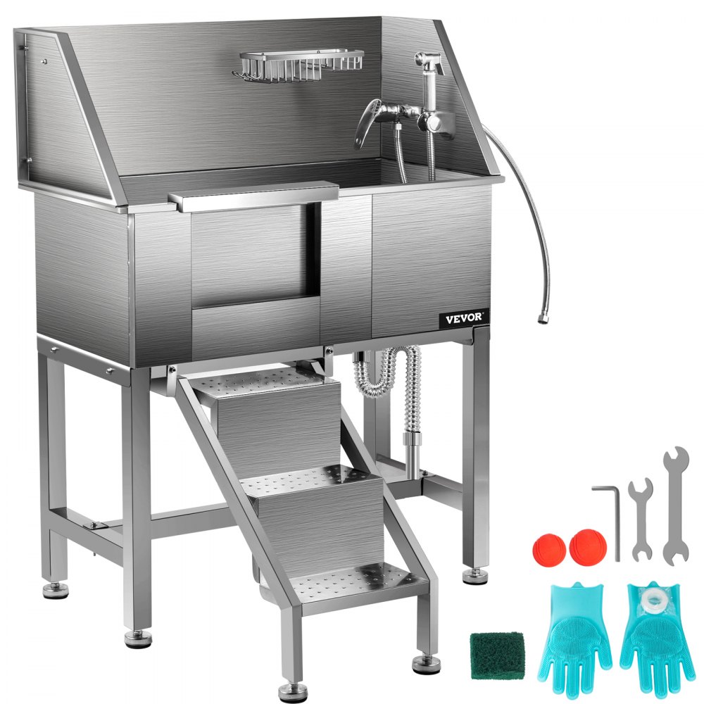 VEVOR 34" Pet Grooming Tub Stainless Steel Dog Wash Station Pet Washing Station and Dog Bath Tub Water-Resistant Grooming Tub for Dogs with Removable Door & Ladder on The Left - CWYG34CBXGZKM0001V0