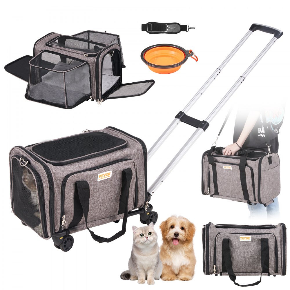 VEVOR Cat Carrier with Wheels, Airline Approved Rolling Pet Carrier with Telescopic Handle and Shoulder Strap, Dog Carrier with Wheels for Pets under 25 lbs, with 1 Folding Bowl, Grey - CWLGXHS25LBS08TJ8V0