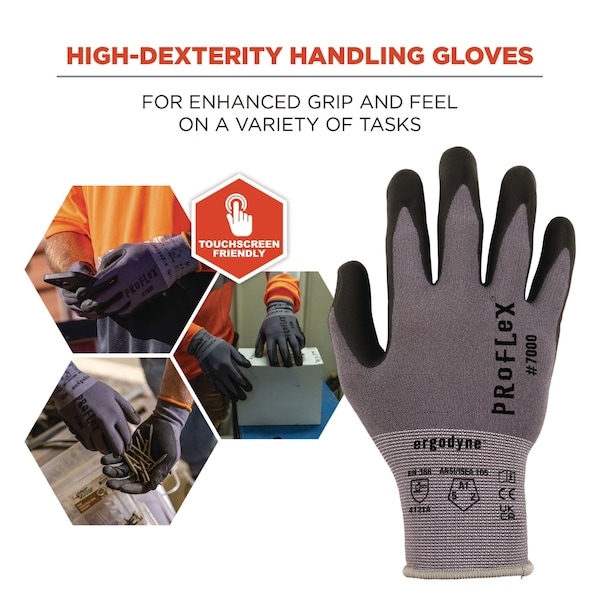 Guantes recubiertos de nitrilo Ergodyne ProFlex 7000 con palma de microespuma, gris, extra pequeños, par, paquete de 12, 12 paquetes - 10361