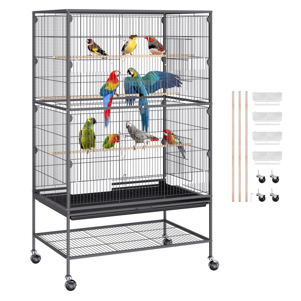 VEVOR 52 inch Standing Large Bird Cage, Wrought Iron Flight Bird Cage for Parakeets, Cockatiels, Parrots, Macaw with Rolling Stand and Tray - YTSNL312052IBWVKVV0