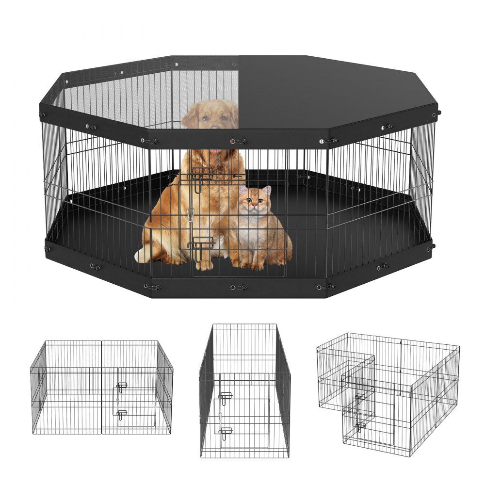 VEVOR Dog Playpen, 8 Panels Foldable Metal Dog Exercise Pen with Top Cover and Bottom Pad, 24" H Pet Fence Puppy Crate Kennel, Indoor Outdoor Dog Pen for Small Medium Pets, for Camping, Yard - WXZZYDCWWLHSFIECJV0