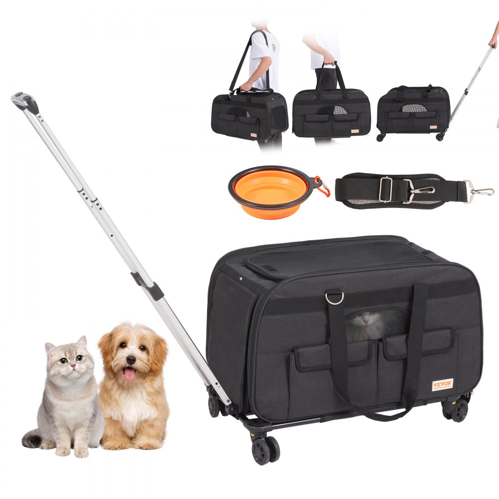 VEVOR Cat Carrier with Wheels, Rolling Pet Carrier with Telescopic Handle and Shoulder Strap, Dog Carrier with Wheels for Pets under 35 lbs, with 1 Folding Bowl, Black - CWLGXHS35LBSIBG1WV0