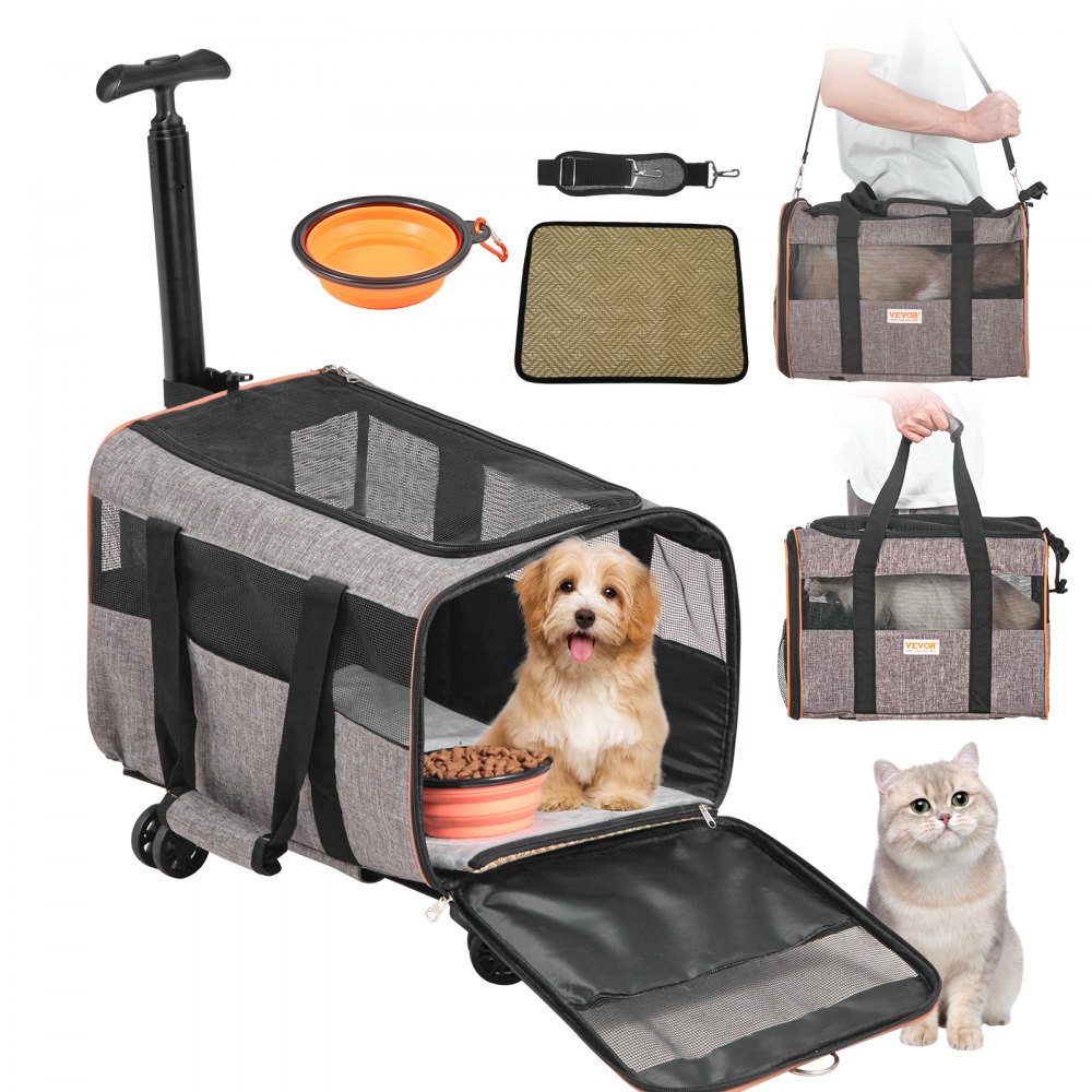 VEVOR Cat Carrier with Wheels, Airline Approved Rolling Pet Carrier with Telescopic Handle and Shoulder Strap, Dog Carrier with Wheels for Pets under 22 lbs, with 1 Folding Bowl, Grey - CWLGXHS22LBSACDGXV0