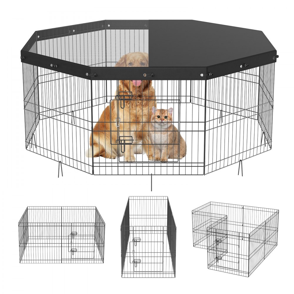 VEVOR Dog Playpen, 8 Panels Foldable Metal Dog Exercise Pen with Top Cover, 24" H Pet Fence Puppy Crate Kennel with Ground Stakes, Indoor Outdoor Dog Pen for Small Medium Pets, for Camping, Yard - WXZZYDCWWLHSNI0GCV0