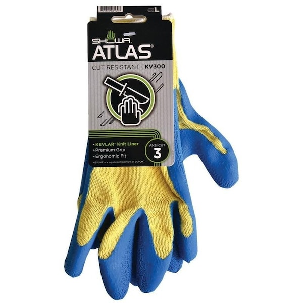 Guantes recubiertos Showa Atlas, L, Puño de muñeca de punto, Azul/Amarillo - KV300L-09.RT