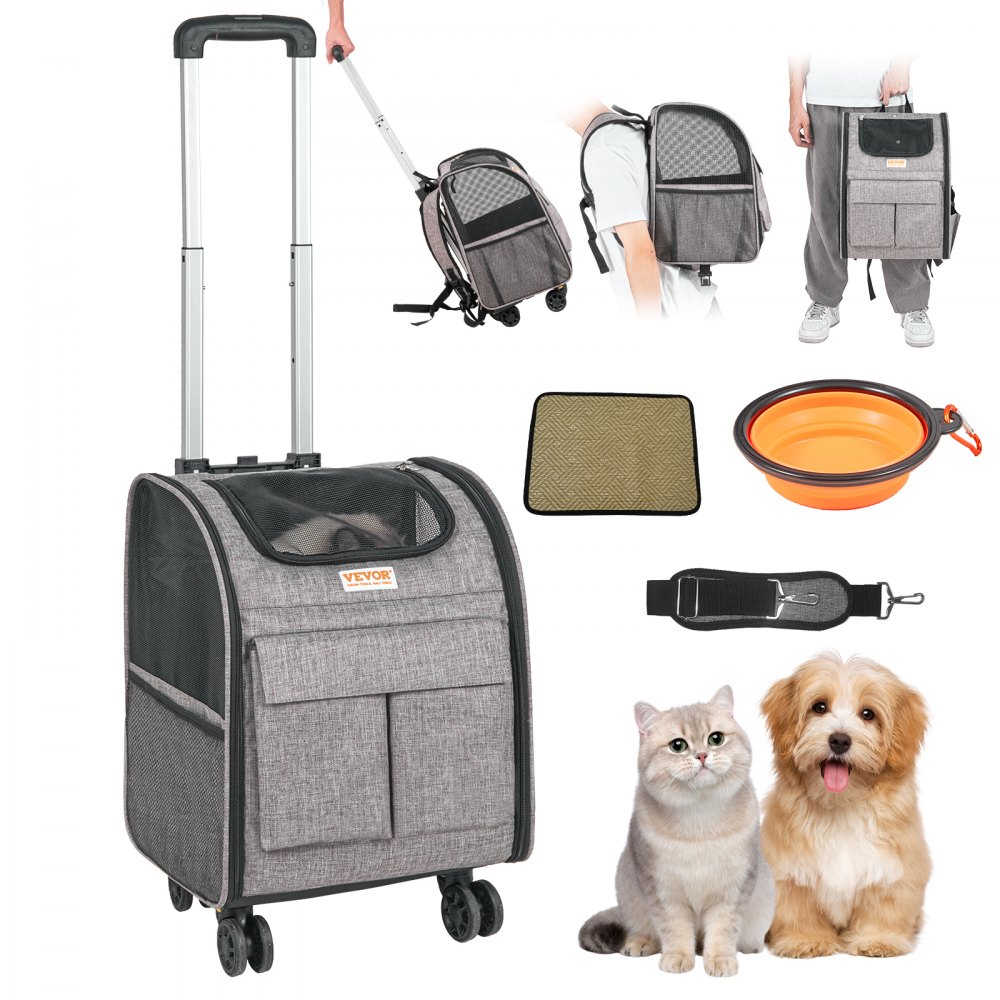 VEVOR Rolling Pet Carrier Backpack with Removable Wheels for Under 18LBS, Large Soft Sided Wheeled Dog Carrier Cat Travel Carrier Airline Approved for Small Dogs and Medium Cats with Upgraded Wheels - CWLGXHS18LBSRAD6RV0