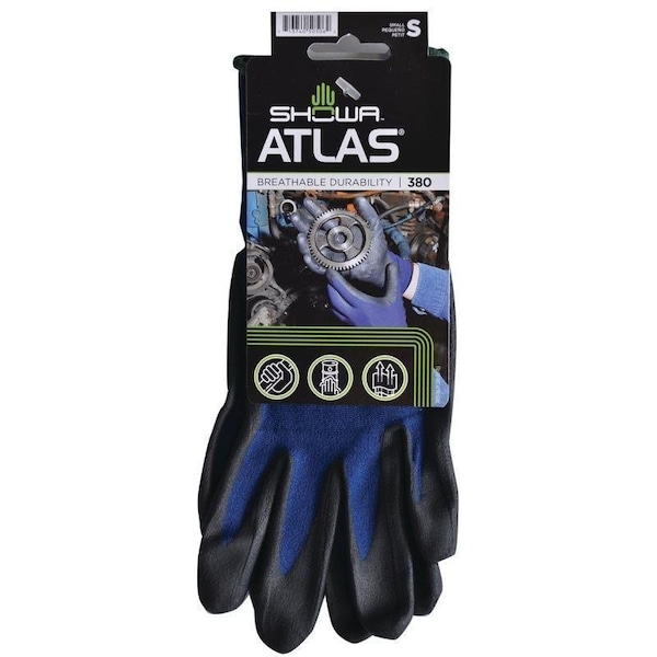 Guantes recubiertos Showa Atlas Showa, S, 8-21/32 a 10-15/64 pulgadas de largo, puño elástico, recubrimiento de espuma de nitrilo, negro/azul - 380S-06.RT