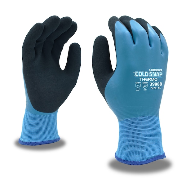 Guantes cubiertos y aislados de punto de máquina Cordova, Thermo Cold Snap, Tamaño Completo, Azules, Recubrimiento de Látex, XXL, 12 piezas - 3988BXXL