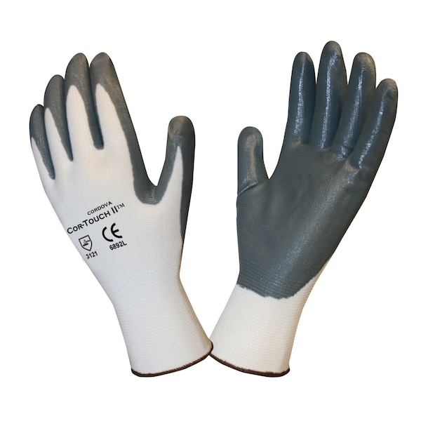 Guantes de tejido de máquina recubiertos de nitrilo Cordova, Tuf-Cor Touch, carcasa blanca, palma negra, tamaño grande, paquete de 12 - 6892L