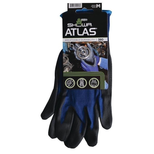 Guantes recubiertos Showa Atlas Showa, M, 8-21/32 a 10-15/64 pulgadas de largo, Puño elástico, Recubrimiento de espuma de nitrilo, Negro/Azul - 380M-07.RT