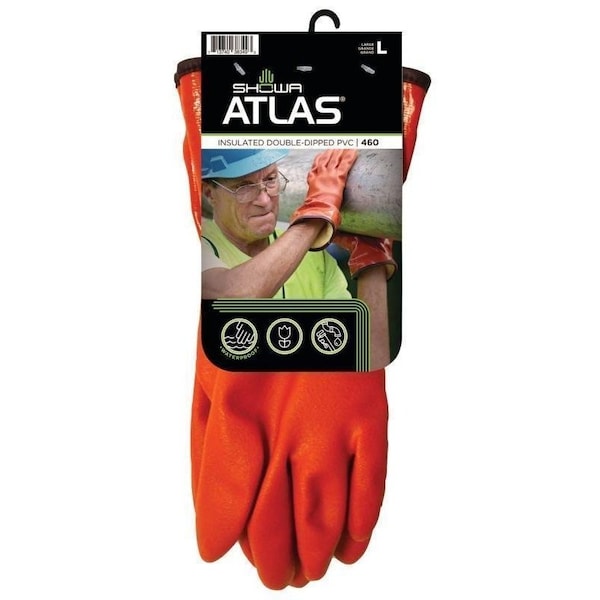 Guantes recubiertos Showa Atlas Showa, L, 11-13/16 pulgadas L, puño de cota, PVC, naranja - 460L-09.RT