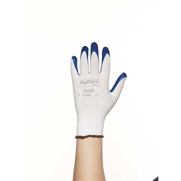 Guantes recubiertos de nitrilo Ansell, cobertura en la palma, azul/blanco, grande, par - 11-900