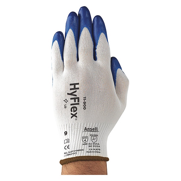 Guantes recubiertos de nitrilo Ansell, cobertura en la palma, azul/blanco, grande, par - 11-900