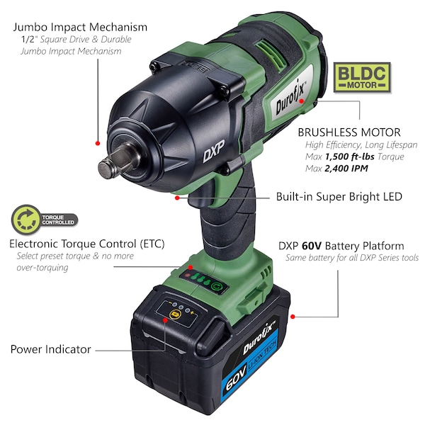 Durofix DXP 60V 1/2" BLDC Jumbo Impact Wrench 3-Stage 1500 ft-lbs, Kit - RI60164-PM