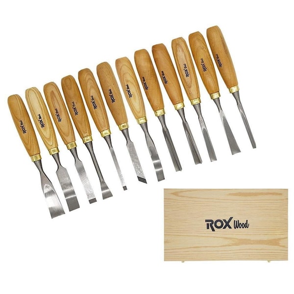 Rox Wood Wood Carving Hand Chisel Tools with Wooden Storage Case - 12 Piece - RO298300