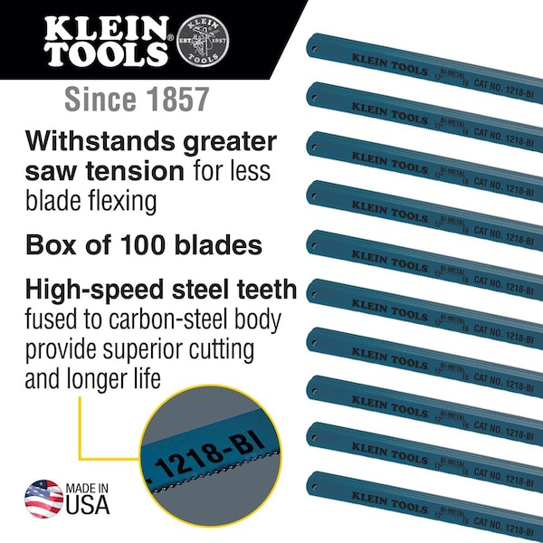 Klein Tools Bi-Metal Blades, 18 TPI, 12-Inch, 100-Pack - 1218BI