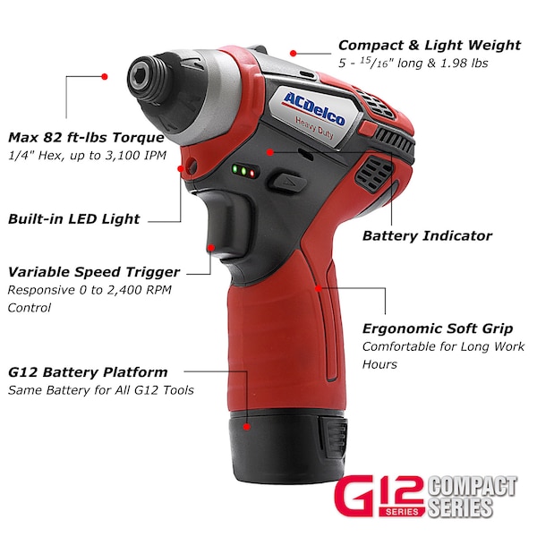 Acdelco G12 12V 1/4'' Cordless Impact Driver, 2-Batery, ARI12105 - ARI12105P