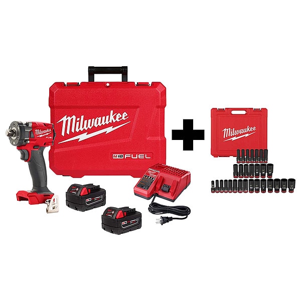 Milwaukee Tool Impact Wrench Kit, Drive Size 1/2 in, Max. Torque 250 ft-lb, 18 V, Includes Batteries (5.0 Ah) - 2855P-22R,49-66-7016