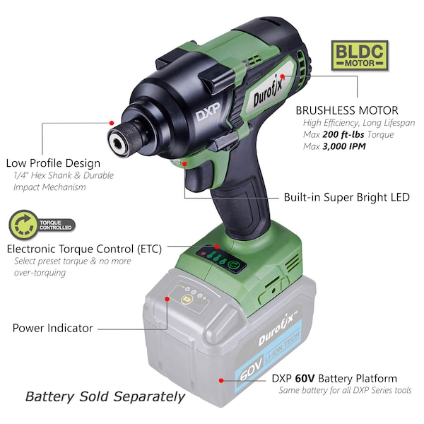 Durofix DXP 60V BLDC 1/4" Impact Driver 3-Stage 200 ft-lbs, Tool Only - RI60165A1T