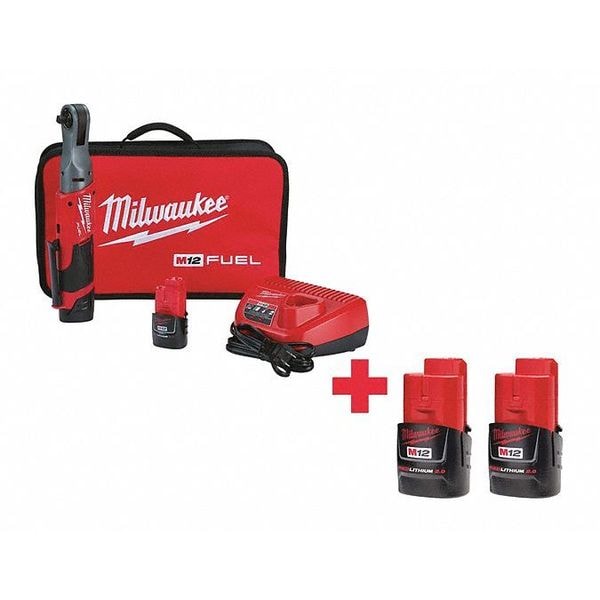 Milwaukee Tool M12(TM) 12V 3/8" Cordless Ratchet Kit, Includes (4) Batteries (2 Ah) - 2557-22, 48-11-2420, 48-11-2420