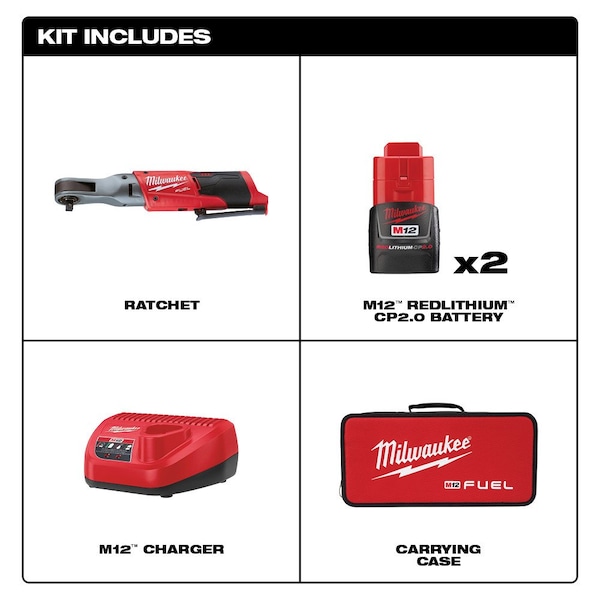 Milwaukee Tool M12(TM) 12V 3/8" Cordless Ratchet Kit, Includes (4) Batteries (2 Ah) - 2557-22, 48-11-2420, 48-11-2420