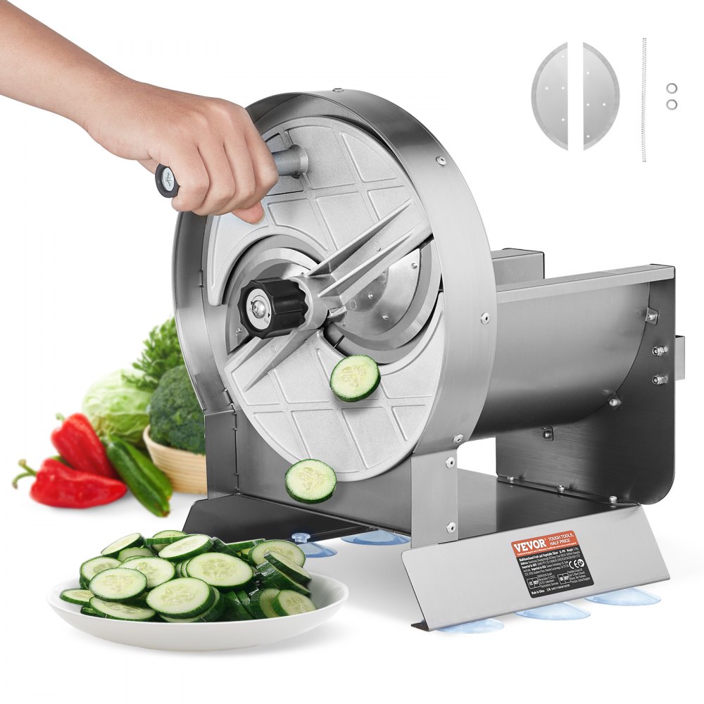 VEVOR Manual Vegetable Fruit Slicer, 0-0.5"/0-12mm Thickness Adjustable Commercial Slicer Machine, Stainless Steel Food Cutter Slicing Machine with 2 Spare Blades, for Potato, Cucumber, Lemon, Tomato - SDSCQPJWS1BXUN5H0V0