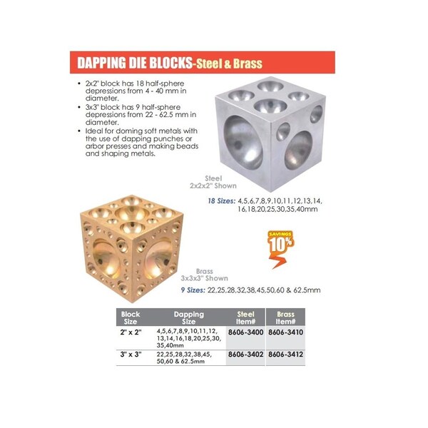 H & H Industrial Products 3 X 3 X 3" Dapping Block Square With Steel 22-62.5MM Cavaties - 8606-3402
