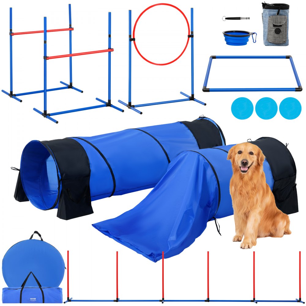 VEVOR Dog Agility Training Equipment 7 PCS Set w/ Hurdles 2 Tunnels Jump Ring - TYKMJKCTJJCKGHIUDV0