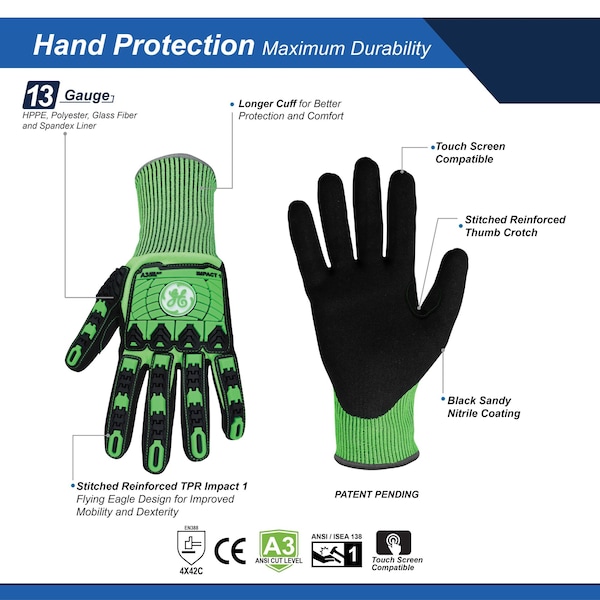 Guantes de impacto Ge, Nitrilo Arenoso 13GA, 1 Par, L - GG240LC