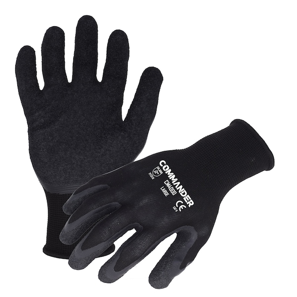 Guantes de trabajo de poliéster de 13 ga. con recubrimiento de látex arrugado en la palma, color negro, talla L - CM4000 de Azusa Safety Commander