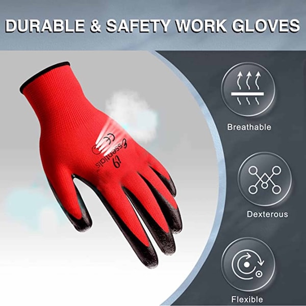 Guantes de trabajo de seguridad de poliéster y nitrilo I9 Essentials, rojos y negros Talla L, paquete de 12 - 100018
