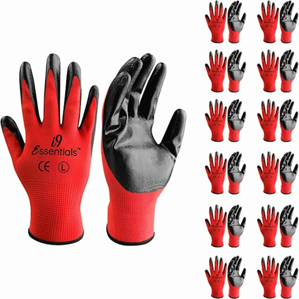 Guantes de trabajo de seguridad de poliéster y nitrilo I9 Essentials, rojos y negros Talla L, paquete de 12 - 100018