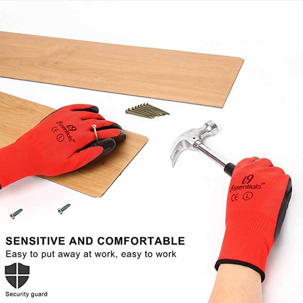 Guantes de trabajo de seguridad de poliéster y nitrilo I9 Essentials, rojos y negros Talla L, paquete de 12 - 100018