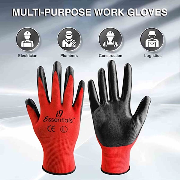 Guantes de trabajo de seguridad de poliéster y nitrilo I9 Essentials, rojos y negros Talla L, paquete de 12 - 100018