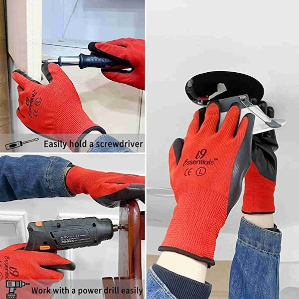 Guantes de trabajo de seguridad de poliéster y nitrilo I9 Essentials, rojos y negros Talla L, paquete de 12 - 100018