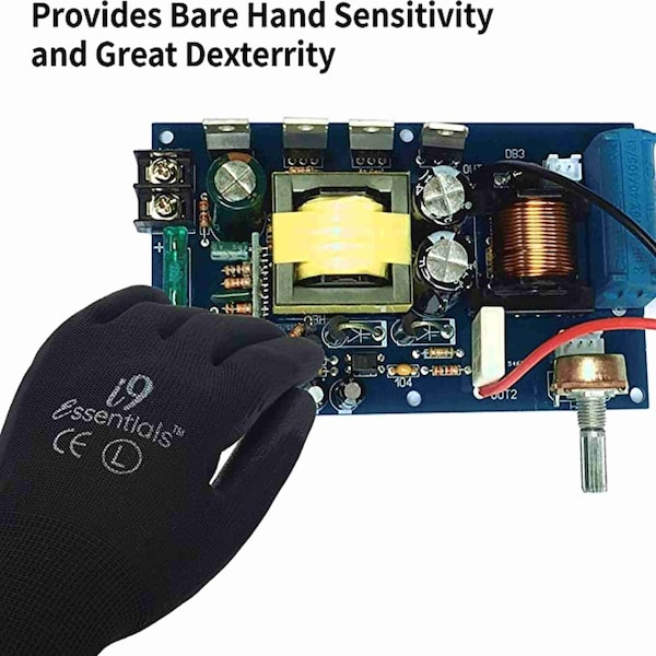 Guantes de trabajo de seguridad recubiertos de PU Essentials I9 Ultra-Light PU Construction Gloves, negro - Talla L, paquete de 12 - 100014