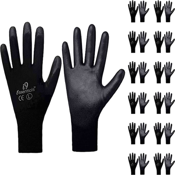 Guantes de trabajo de seguridad recubiertos de PU Essentials I9 Ultra-Light PU Construction Gloves, negro - Talla L, paquete de 12 - 100014