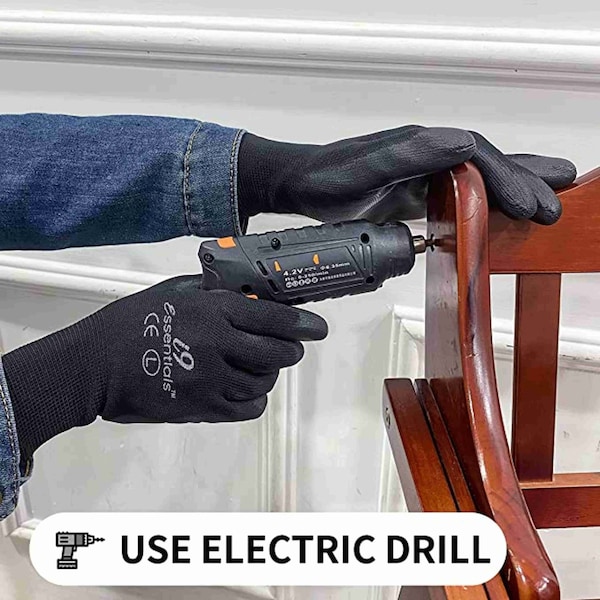 Guantes de trabajo de seguridad recubiertos de PU Essentials I9 Ultra-Light PU Construction Gloves, negro - Talla L, paquete de 12 - 100014