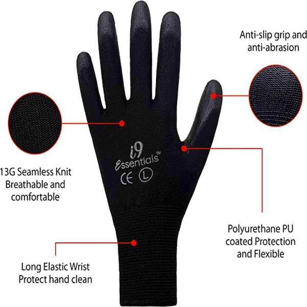 Guantes de trabajo de seguridad recubiertos de PU Essentials I9 Ultra-Light PU Construction Gloves, negro - Talla L, paquete de 12 - 100014