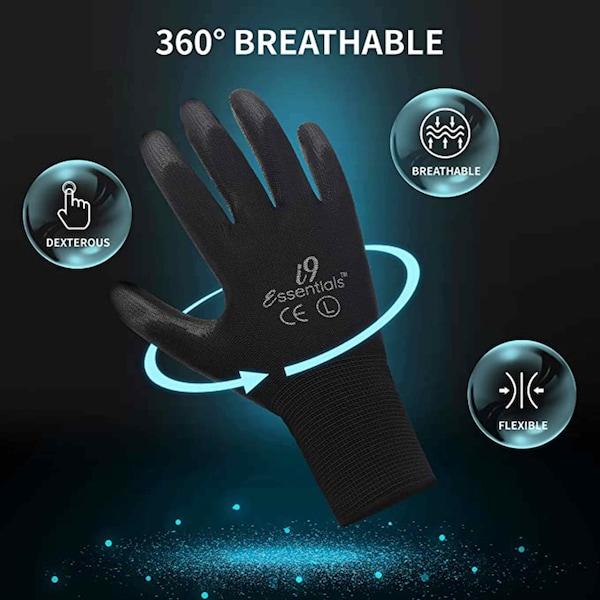 Guantes de trabajo de seguridad recubiertos de PU Essentials I9 Ultra-Light PU Construction Gloves, negro - Talla L, paquete de 12 - 100014