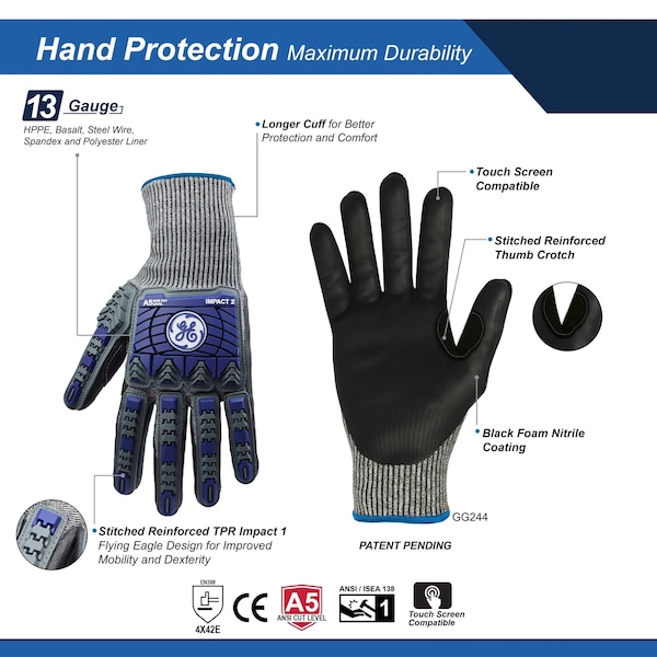 Guantes de Impacto Ge, Nitrilo Espuma, 13GA, 1 Par, M - GG244MC