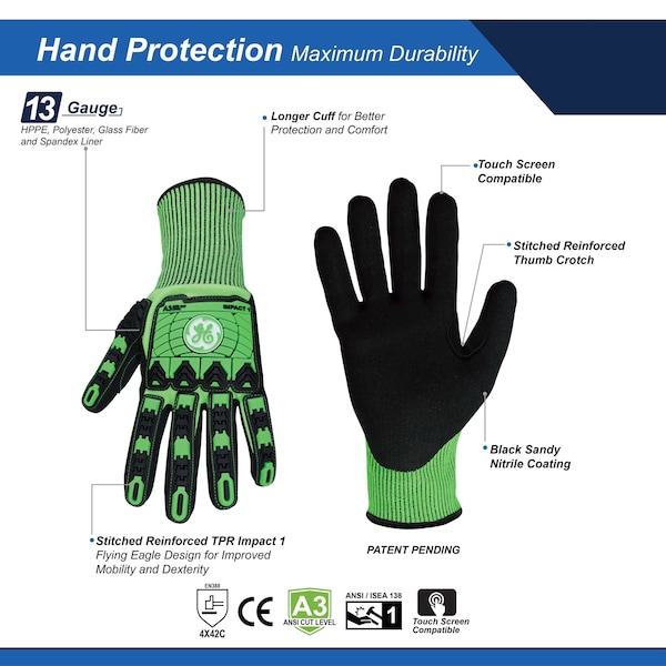 Guantes de Impacto Ge, Nitrilo Arenoso 13GA, 1 Par, XL - GG240XLC