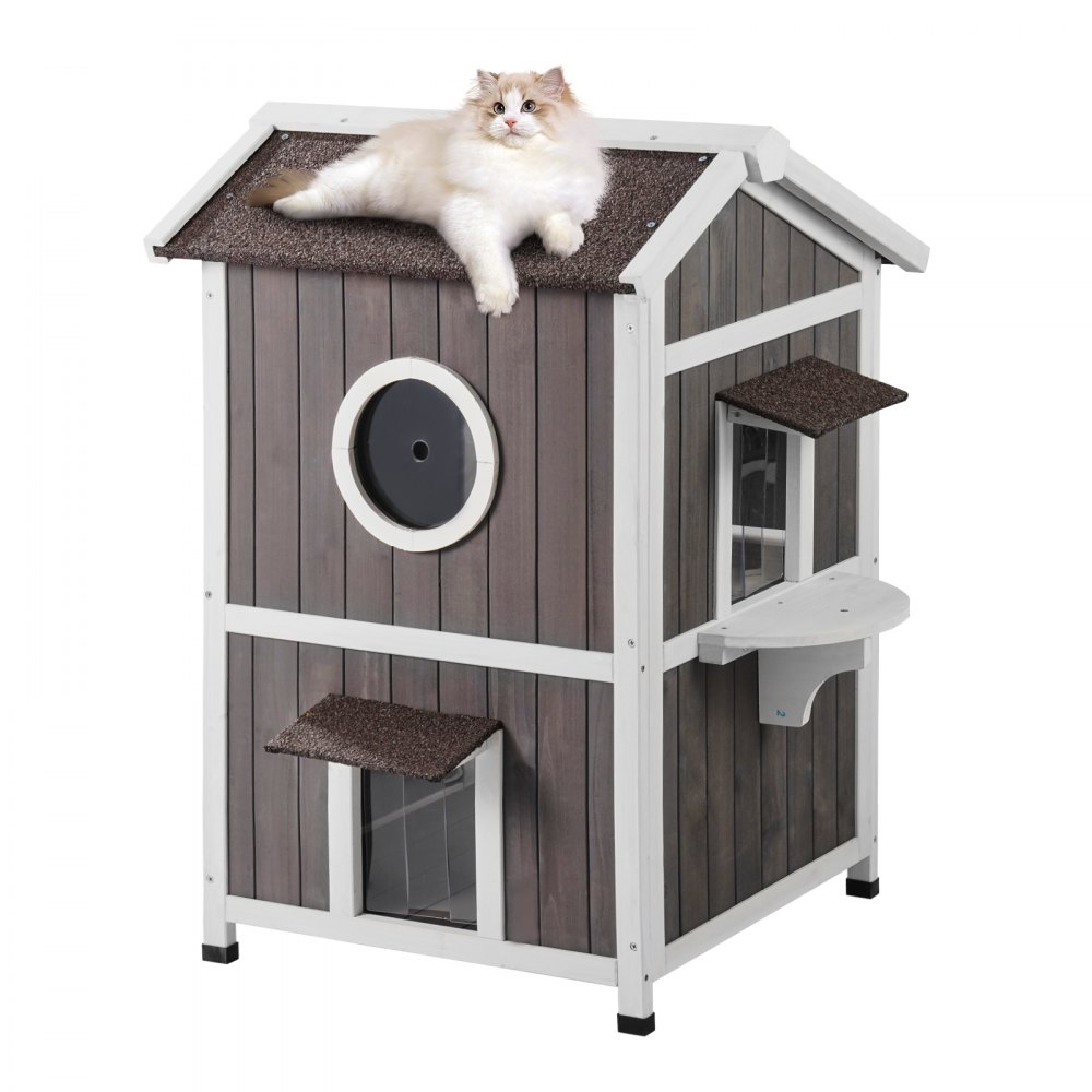 VEVOR Outdoor Cat House 2-story Wooden Feral Cat Shelter with Roof & Door Flaps - FWSMZMBHSSCSSFKXHV0