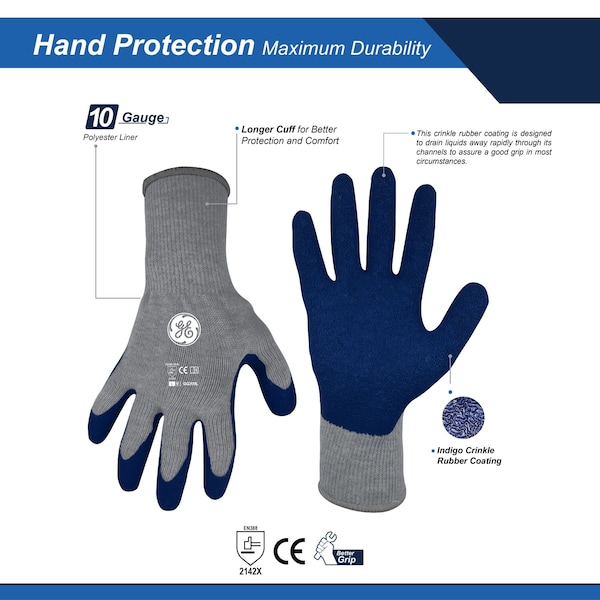Guantes sumergidos Ge Crinkle, 10 GA, Azul/Gris, 1 Par, L - GG209LC