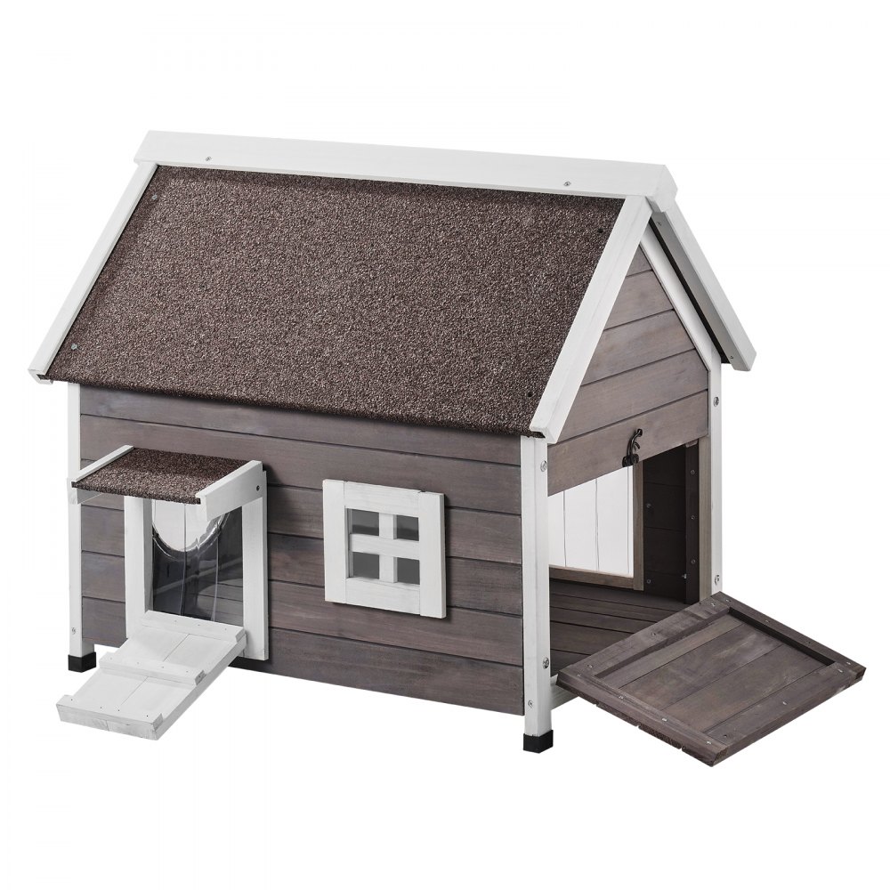 VEVOR Outdoor Cat House Wooden Feral Cat Shelter with Roof Door Flaps & Window - FWSMZMBHSDCSGTRZ7V0
