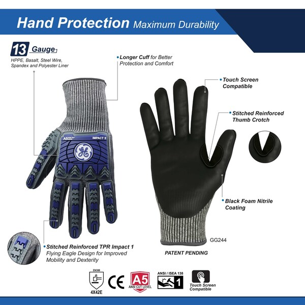Guantes de impacto Ge, Nitrilo Espuma, 13GA, 1 Par, L - GG244LC
