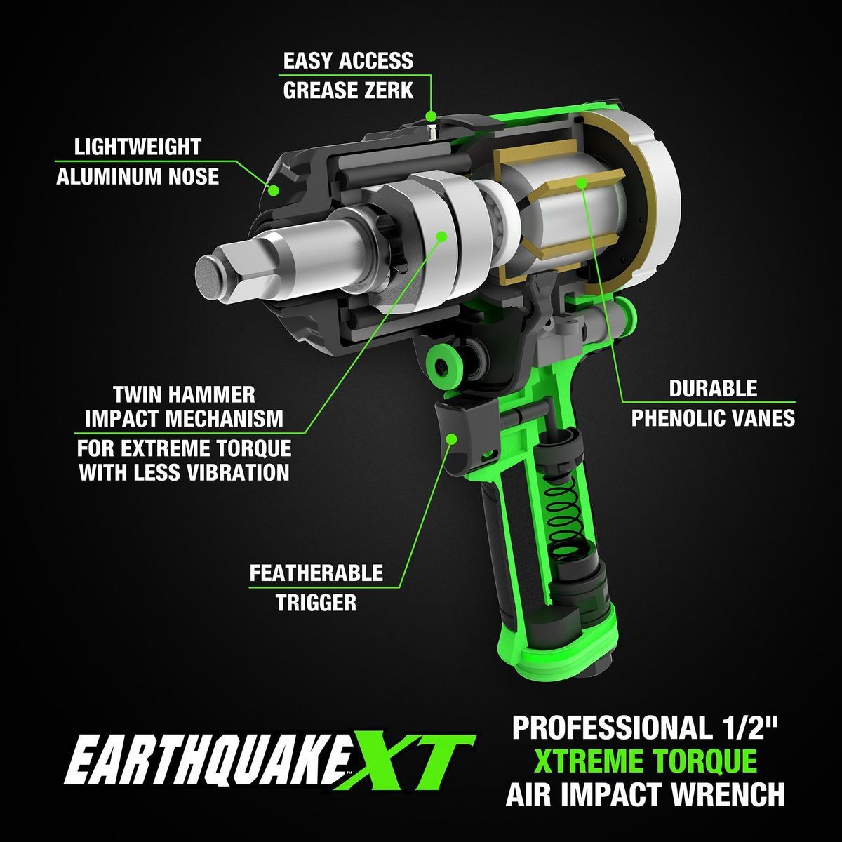 Terremoto Xt 1/2 pulgadas Llave de impacto de aire compuesto, Martillo gemelo, 1190 pies-libras, Verde - 57157