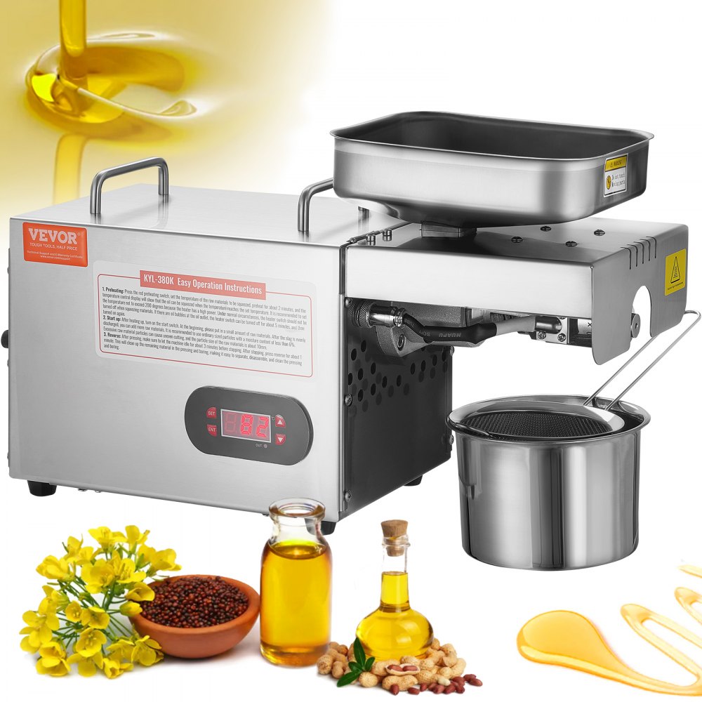 VEVOR Electric Oil Press Machine, 850W Stainless Steel Oil Extractor Machine, 0-300℃ / 32 - 572 ℉ Adjustable Temperature, Hot Press Oil Expeller for Pressing Peanuts, Sesame Seeds, Rapeseed, Tea Seeds - DDZYJ850W15KNVY87V1