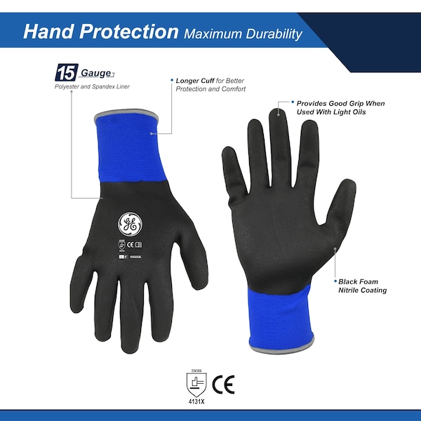 Guantes sumergidos en negro/azul de nitrilo espumado GE, 1 par, tamaño grande - GG222LC