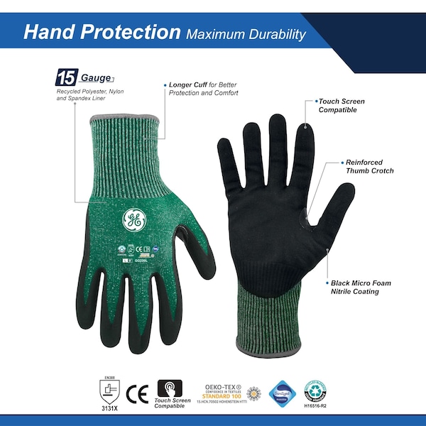 Guantes Reciclados de Nitrilo Verde/Negro con Revestimiento en la Parte de atrás, 12 pares, Talla L - GG230LC